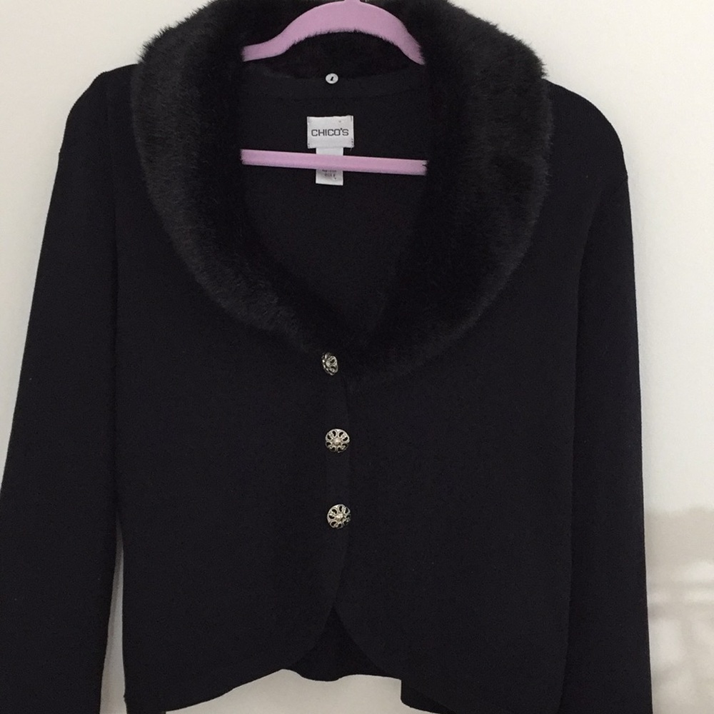 Chico’s Black Silk Blend Sweater Jacket w/ Removable Faux Fur Collar